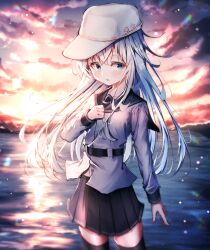 Rule 34 | 1girl, absurdres, black sailor collar, black skirt, black thighhighs, blue eyes, blush, commentary, cowboy shot, dfd, grey hair, hair between eyes, hammer and sickle, hat, hibiki (kancolle), highres, kantai collection, long hair, long sleeves, parted lips, pleated skirt, russian commentary, sailor collar, sailor shirt, shirt, skirt, solo, thighhighs, verniy (kancolle), white hat, white shirt