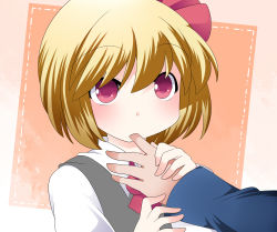 Rule 34 | 1girl, ascot, bad id, bad pixiv id, blonde hair, blush, female focus, finger in another&#039;s mouth, finger in own mouth, finger sucking, hair ribbon, hammer (sunset beach), long sleeves, red eyes, ribbon, rumia, shirt, short hair, solo, touhou, vest