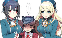 Rule 34 | ..., 10s, 3girls, :o, ascot, atago (kancolle), black eyes, blonde hair, blue eyes, breast envy, breasts, girl sandwich, gloves, hand on another&#039;s cheek, hand on another&#039;s face, hat, kantai collection, large breasts, long hair, looking at another, military, military uniform, multiple girls, naval uniform, one-hour drawing challenge, open mouth, red eyes, ryuujou (kancolle), sandwiched, short hair, simple background, takao (kancolle), twintails, uniform, visor cap, white background, yomosaka