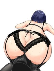 Rule 34 | 1girl, ass, ass cutout, bakemonogatari, bare arms, black bra, black panties, black thighhighs, blue hair, bra, butt crack, clothing cutout, couch, dimples of venus, from behind, garter belt, garter straps, grinding, hanekawa tsubasa, itachou, lace, lace-trimmed garter belt, lace-trimmed panties, lace garter belt, lace panties, lace trim, lingerie, monogatari (series), panties, pussy juice, short hair, simple background, solo, sweat, thighhighs, underwear, underwear only, white background