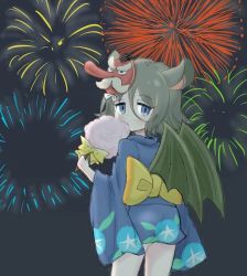 Rule 34 | 10s, 1girl, :t, alternate costume, animal ears, bat ears, bat wings, blue eyes, bow, brown hair, cotton candy, cowboy shot, dot nose, eating, expressionless, facial hair, festival, fireworks, food, food in mouth, from behind, hair between eyes, hatching (texture), hilgendorf&#039;s tube-nose bat (kemono friends), holding, holding food, japanese clothes, jitome, jpeg artifacts, kadoko, kemono friends, kimono, long nose, long sleeves, looking at viewer, looking back, mask, mask on head, mustache, night, ribbon, short hair, short kimono, short yukata, sky, solo, summer festival, tengu mask, wide sleeves, wings, yellow bow, yellow ribbon, yukata