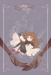 Rule 34 | 1boy, 1girl, absurdres, black capelet, black gloves, black pantyhose, black ribbon, black shorts, blue background, blunt bangs, border, brown hair, capelet, child, commentary, deemo, deemo (character), disembodied hand, drawn wings, dress, eleanor (ohmyeleanor), english commentary, falling, floating tears, frilled dress, frills, alice (deemo), gloves, hand on own chest, hand up, highres, light blush, long hair, neck ribbon, out of frame, pantyhose, parted lips, plant, red footwear, ribbon, shorts, sidelocks, solo focus, sparkle, tears, vines, white border, white dress
