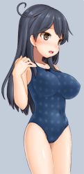 Rule 34 | 1girl, antenna hair, black hair, blue one-piece swimsuit, blush, brown eyes, collarbone, covered erect nipples, cowboy shot, grey background, hair between eyes, hand in own hair, kantai collection, kurogane daichi, long hair, one-piece swimsuit, open mouth, polka dot, polka dot swimsuit, simple background, solo, standing, swimsuit, ushio (kancolle)