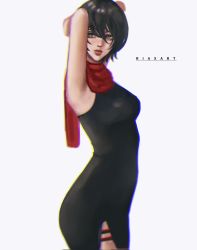 Rule 34 | 1girl, arm up, arms behind head, artist name, black dress, black eyes, black hair, chromatic aberration, closed mouth, commentary, cowboy shot, dress, english commentary, from side, highres, looking away, looking to the side, mikasa ackerman, red scarf, riaxart, scarf, shingeki no kyojin, short hair, solo, white background