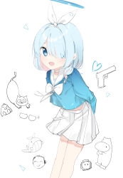Rule 34 | 1girl, absurdres, alreadyusedpai, animal, aqua pupils, arms behind back, arona (blue archive), bird, blue archive, blue eyes, blue hair, blush, bow, cat, choker, closed mouth, glasses, gun, hair bow, hair over one eye, halo, heart, highres, light blue hair, light blush, looking at viewer, multicolored hair, open mouth, penguin, pink hair, school uniform, scribble, serafuku, short hair, skirt, smile, solo, two-tone hair, uniform, weapon, whale, white bow, white choker, white skirt