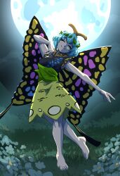 Rule 34 | 1girl, antennae, barefoot, blue hair, butterfly wings, closed eyes, dancing, eternity larva, flower, full body, full moon, highres, insect wings, leaf, leaf on head, meadow, moon, multicolored clothes, nature, night, outdoors, short hair, short sleeves, skirt, smile, solo, spookoarts, touhou, wings, yellow skirt
