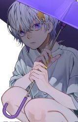 Rule 34 | 1boy, artist name, character request, copyright request, death note, expressionless, hair ornament, highres, holding, holding umbrella, looking at viewer, male focus, mugi oyasumi, nail polish, near (death note), purple hair, shirt, short hair, shorts, signature, squatting, star (symbol), star hair ornament, umbrella, white background, white hair, white shirt, yellow nails