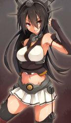 Rule 34 | 10s, 1girl, bare shoulders, black gloves, black hair, breasts, cowboy shot, elbow gloves, fingerless gloves, garter straps, gloves, hair between eyes, headgear, highres, kantai collection, large breasts, looking at viewer, md5 mismatch, metindone, midriff, miniskirt, nagato (kancolle), navel, red eyes, resized, skirt, solo, thighhighs, zettai ryouiki