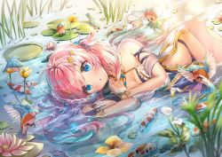 Rule 34 | 1girl, :o, ahoge, animal, bare shoulders, bird, black panties, blue eyes, blurry, blurry foreground, blush, breasts, cleavage, collarbone, depth of field, dress, fish, flower, hair ornament, king&#039;s raid, koi, lily pad, long hair, looking at viewer, lying, md5 mismatch, medium breasts, melings (aot2846), on side, panties, parted lips, partially submerged, pelvic curtain, pink hair, resolution mismatch, shea (king&#039;s raid), solo, source larger, strapless, strapless dress, underwear, water, white dress, yellow flower