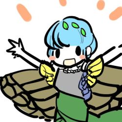 Rule 34 | 1girl, artistic error, blue hair, butterfly wings, colored skin, eternity larva, hidden star in four seasons, insect wings, lowres, papiermesser, short hair, touhou, white background, white skin, wings