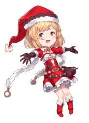 Rule 34 | 1girl, blonde hair, breasts, chibi, christmas, djeeta (granblue fantasy), dress, full body, gloves, granblue fantasy, hat, looking at viewer, open mouth, santa hat, short hair, simple background, smile, solo, white background, yu mochi (kamiinu)