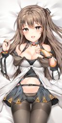 Rule 34 | 1girl, bad id, bad twitter id, bare shoulders, bed sheet, black panties, black skirt, blush, breasts, brown eyes, brown hair, brown pantyhose, cleavage, clenched hand, collarbone, cowboy shot, dakimakura (medium), fingerless gloves, girls&#039; frontline, gloves, hair ornament, hairclip, hand on own chest, hand up, highres, jacket, k2 (girls&#039; frontline), long hair, looking at viewer, lying, medium breasts, miniskirt, navel, off shoulder, on back, open clothes, open jacket, open mouth, open skirt, panties, pantyhose, partially fingerless gloves, sidelocks, simple background, skirt, smile, solo, stomach, strap, tareme, teeth, thighband pantyhose, underwear, upper teeth only, zerocat
