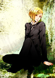 Rule 34 | 1990s (style), 1girl, :p, black pants, blonde hair, brown eyes, buttons, collared shirt, elena (ff7), final fantasy, final fantasy vii, formal, long sleeves, necktie, nora (amaiama), pants, retro artstyle, shirt, short hair, sitting, smile, solo, suit, swept bangs, tongue, tongue out