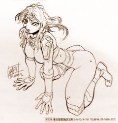 Rule 34 | 1990s (style), 1girl, all fours, ass, boots, breasts, choujin gakuen gowcaizer, female focus, full body, gauntlet, medium breasts, monochrome, official art, oobari masami, retro artstyle, signature, solo, son karin, thighs