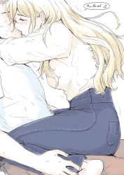 Rule 34 | 1boy, 1girl, arms around neck, ass, blonde hair, blue pants, blush, breasts, closed eyes, denim, from side, girl on top, hair between eyes, hand on another&#039;s back, highres, holding person, jeans, kantai collection, kiss, long hair, medium breasts, mole, mole under eye, pants, richelieu (kancolle), saliva, shirt, sidelocks, sitting, straddling, thought bubble, upright straddle, vent arbre, white shirt