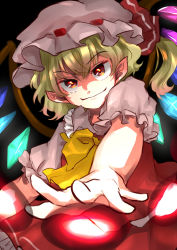 Rule 34 | 1girl, absurdres, ascot, blonde hair, closed mouth, commentary request, danmaku, flandre scarlet, frilled shirt collar, frilled sleeves, frills, hair between eyes, hat, higashi kana, highres, looking at viewer, medium hair, mob cap, orange eyes, puffy short sleeves, puffy sleeves, red ribbon, red skirt, red vest, ribbon, ribbon-trimmed headwear, ribbon trim, shirt, short sleeves, side ponytail, skirt, solo, touhou, upper body, v-shaped eyebrows, vest, white hat, white shirt, yellow ascot