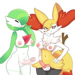 Rule 34 | 2girls, animal ear fluff, animal ears, animal penis, artist name, blush, braixen, breasts, breasts apart, closed eyes, closed mouth, colored skin, cowboy shot, creatures (company), erection, fox ears, fox tail, furry, futanari, game freak, gardevoir, gen 3 pokemon, gen 6 pokemon, green hair, green skin, hair over one eye, half-closed eyes, hand on own hip, hand up, happy, highres, jpeg artifacts, knotted penis, large penis, light blush, looking at viewer, medium breasts, medium penis, mezmaroon, multicolored skin, multiple girls, navel, nintendo, nipples, nude, penis, pokemon, pokemon (creature), raised eyebrow, red eyes, short hair, signature, simple background, smile, standing, stick, tail, testicles, two-tone skin, uncensored, white background, white skin, wide hips