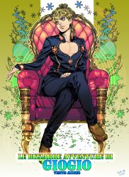 Rule 34 | 1boy, 2010, armchair, bad id, bad pixiv id, bishounen, blonde hair, blue eyes, braid, bug, chair, cleavage cutout, clothing cutout, copyright name, crossed legs, dated, giorno giovanna, heart, icym, insect, jojo no kimyou na bouken, ladybug, male focus, pectoral cleavage, pectorals, red upholstery, signature, single braid, sitting, solo, tufted upholstery, vento aureo, victory rolls