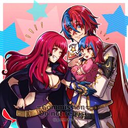 Rule 34 | 1boy, 2girls, alear (fire emblem), alear (male) (fire emblem), belt, black cape, blue eyes, blue hair, breasts, cape, cleavage, commentary, commission, covered navel, cowboy shot, fire emblem, fire emblem engage, grin, gzei, heterochromia, highres, if they mated, large breasts, long hair, looking at another, multicolored hair, multiple girls, nintendo, one eye closed, red eyes, red hair, shirt, smile, standing, star (symbol), streaked hair, very long hair, white shirt, yunaka (fire emblem)