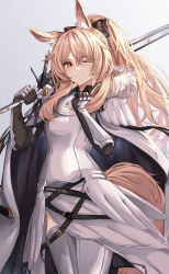Rule 34 | 1girl, ;), absurdres, animal ear fluff, animal ears, arknights, arm guards, armor, belt, black bow, black gloves, blemishine (arknights), blonde hair, bow, brown eyes, cape, closed mouth, commentary request, cowboy shot, faulds, full armor, fur-trimmed cape, fur trim, gloves, grey background, grey thighhighs, hair bow, high ponytail, highres, holding, holding sword, holding weapon, horse ears, horse girl, horse tail, index finger raised, long hair, looking at viewer, one eye closed, penguin4, sidelocks, simple background, smile, solo, sword, tail, thighhighs, weapon, white cape