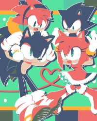 Rule 34 | 1boy, 1girl, amy rose, blush, boots, bracelet, dress, dual persona, flat color, frown, furry, furry female, furry male, gloves, green eyes, grin, hairband, happy, heart, jewelry, on head, person on head, red dress, red footwear, sega, smile, sonic (series), sonic the hedgehog, sonic the hedgehog (classic), tondamanuke, white gloves