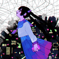 Rule 34 | 1girl, abstract background, black eyes, black hair, blue neckerchief, blue sailor collar, blue skirt, building, cellphone, colored skin, crying, crying with eyes open, feet out of frame, from side, hair bobbles, hair ornament, heart, highres, holding, holding phone, long hair, long sleeves, looking up, mamei mema, neckerchief, open mouth, original, phone, pink skin, pleated skirt, profile, sailor collar, sailor shirt, school uniform, serafuku, shirt, sideways mouth, skirt, skyscraper, smartphone, solo, tears, twintails, white shirt