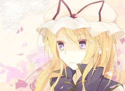 Rule 34 | 1girl, blonde hair, bow, closed mouth, dress, eyes visible through hair, faech, grey background, hair between eyes, hat, hat bow, highres, long hair, looking to the side, mob cap, multicolored background, petals, pink background, purple background, purple bow, purple eyes, purple vest, short sleeves, solo, tabard, touhou, upper body, vest, white dress, white hat, yakumo yukari, yellow background