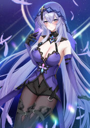 1girl bare_shoulders black_boots black_gloves black_shorts black_swan_(honkai:_star_rail) boots breasts brown_eyes brown_pantyhose cleavage dress elbow_gloves gloves highres honkai:_star_rail honkai_(series) large_breasts long_hair looking_at_viewer pantyhose purple_dress purple_gloves purple_hair shorts smile solo thigh_boots thighs two-tone_gloves veil yumeneko_nyaa