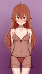 Rule 34 | 1girl, ahoge, blush, breasts, brown eyes, brown hair, commentary request, cowboy shot, dot nose, eris greyrat, gluteal fold, highres, long hair, looking at viewer, mushoku tensei, navel, nightgown, nipples, ogi non, panties, red panties, see-through, small breasts, solo, standing, underwear