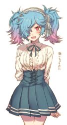 Rule 34 | 1girl, alternate costume, artist request, blue hair, blush, breasts, contemporary, fire emblem, fire emblem fates, hair over one eye, kikugetsu, meme attire, multicolored hair, nintendo, open mouth, peri (fire emblem), pink eyes, pink hair, simple background, solo, translated, twintails, two-tone hair, virgin killer outfit