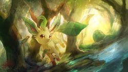 Rule 34 | animal focus, artist name, brown eyes, closed mouth, colored sclera, creatures (company), day, day walker1117, dutch angle, english text, flower, forest, full body, game freak, gen 4 pokemon, happy, highres, leaf, leafeon, light rays, looking at viewer, moss, nature, nintendo, no humans, orange sclera, outdoors, pokemon, pokemon (creature), red flower, rock, running, signature, smile, solo, stream, sunlight, tree, water