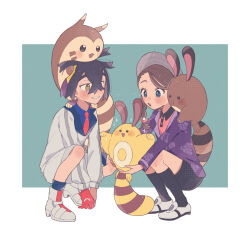 Rule 34 | 1boy, 1girl, :o, alternate color, black hair, blush, braid, brown hair, collared shirt, commentary request, creatures (company), crossed bangs, evolutionary line, furret, game freak, gen 2 pokemon, green background, grin, hat, highres, hime (himetya105), holding, holding pokemon, jacket, juliana (pokemon), kieran (pokemon), knees, necktie, nintendo, pink shirt, pokemon, pokemon (creature), pokemon sv, purple jacket, sentret, shiny pokemon, shirt, shoes, shorts, smile, socks, sparkle, squatting, teeth, yellow eyes