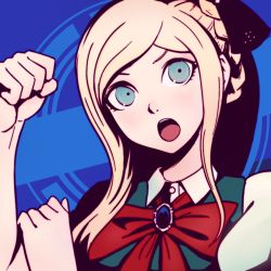 Rule 34 | 1girl, blonde hair, blue background, blush, bow, bowtie, danganronpa (series), dress, long hair, red bow, red bowtie, solo, sonia nevermind, yellow eyes