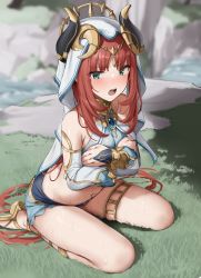 Rule 34 | 1girl, absurdres, aqua eyes, bare shoulders, blurry, blurry background, blush, brooch, circlet, clothing cutout, covering breasts, covering privates, crop top, day, detached sleeves, dot nose, forehead jewel, genshin impact, gold trim, grass, highres, horns, jewelry, long hair, long sleeves, looking at viewer, low twintails, navel, neck ring, nilou (genshin impact), open mouth, outdoors, parted bangs, puffy long sleeves, puffy sleeves, red hair, sandals, shengtian, sitting, skindentation, skirt, solo, stomach, thighlet, thighs, twintails, vambraces, veil, very long hair, vision (genshin impact), wet