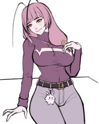 Rule 34 | 1girl, belt, breasts, cleavage cutout, clothing cutout, flat color, highres, matara kan, matara kan (casual), monster girl, pants, pink hair, smile, sweater, tight clothes, tight pants, turismo russo, turtleneck, turtleneck sweater