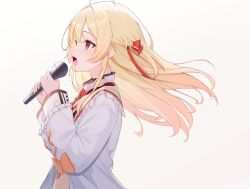 Rule 34 | 1girl, absurdres, ahoge, blonde hair, closed mouth, floating hair, from side, gradient background, grey background, hair ornament, highres, holding, holding microphone, hololive, hololive dev is, long hair, long sleeves, microphone, music, otonose kanade, pipipipyu, profile, red eyes, singing, solo, upper body, virtual youtuber