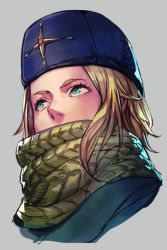 Rule 34 | 1girl, alternate costume, alternate hairstyle, blonde hair, blue coat, blue eyes, blue hat, capcom, coat, covered mouth, cropped torso, from below, fur hat, gloves, grey background, hat, hungry clicker, ice, kolin, long hair, long sleeves, parted lips, scarf, simple background, solo, street fighter, street fighter v, ushanka, winter clothes
