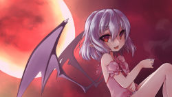 Rule 34 | 1girl, adapted costume, bad id, bad pixiv id, bare shoulders, bat wings, cup, female focus, full moon, halfway, moon, night, no headwear, no headwear, open mouth, pointy ears, purple hair, red eyes, red moon, red sky, remilia scarlet, short hair, sky, smile, solo, teacup, touhou, wings