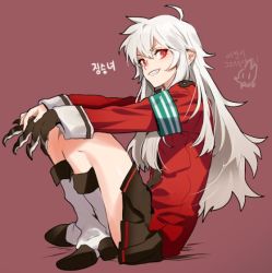 Rule 34 | 1girl, armband, bad id, bad twitter id, boots, character request, claws, copyright request, from side, grin, korean text, long hair, looking at viewer, pleated skirt, red eyes, rod (rod4817), school uniform, sharp teeth, sitting, skirt, smile, solo, teeth, white hair