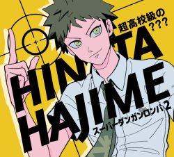 Rule 34 | 1boy, breast pocket, brown eyes, character name, collared shirt, commentary request, copyright name, danganronpa (series), danganronpa 2: goodbye despair, green necktie, hand up, hinata hajime, index finger raised, looking at viewer, male focus, necktie, orange background, pocket, print necktie, print neckwear, shirt, smile, solo, tege (tege xxx), translation request, upper body