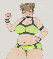 Rule 34 | 1girl, absurdres, armband, blunt bangs, blush, bra, breasts, brown hair, cameltoe, choker, cleavage, cleft of venus, clenched hand, clenched teeth, commentary, commission, covered erect nipples, cowboy shot, crotch seam, dated, double bun, gradient background, green bra, grey background, grey eyes, hair bun, hand on own hip, highres, large breasts, looking at viewer, medium hair, muroku (aimichiyo0526), navel, no nose, open mouth, plump, short shorts, shorts, sidelocks, skindentation, solo, steaming body, striped wristband, sweat, taut clothes, teeth, thick arms, thick thighs, thighs, translation request, tsurime, underwear, wristband