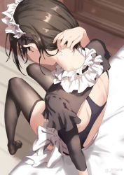 Rule 34 | 1girl, apron, back cutout, bare back, bed sheet, black one-piece swimsuit, black thighhighs, bow, brown hair, clothing cutout, commentary request, competition swimsuit, frills, from above, holding, holding own hair, indoors, jonsun, long sleeves, maid, maid headdress, mole, mole on neck, nape, no shoes, on bed, one-piece swimsuit, original, short hair, shrug (clothing), sitting, solo, swimsuit, thighhighs, twitter username, waist apron, white apron, white bow