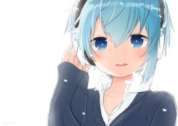 Rule 34 | 1boy, backlighting, blue eyes, blue hair, headphones, looking at viewer, male focus, open mouth, original, os (os fresa), simple background, sleeves past wrists, solo, souta (os), twitter username, white background