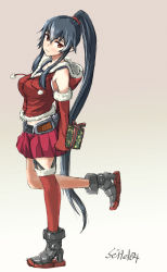 Rule 34 | 1girl, belt, black hair, black sailor collar, blush, boots, closed mouth, commentary, detached sleeves, elbow gloves, full body, gift, gloves, grey background, grey footwear, hair between eyes, high heel boots, high heels, highres, hood, hoodie, kantai collection, long hair, pleated skirt, ponytail, red eyes, red gloves, red hoodie, red scrunchie, red shirt, red skirt, red thighhighs, sailor collar, santa costume, scrunchie, seitei (04seitei), shirt, shirt under shirt, single thighhigh, skirt, smile, solo, thighhighs, twitter username, yahagi (kancolle)