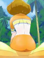Rule 34 | 1girl, ass, barefoot, blonde hair, bodypaint, cloud, from behind, full body, haruyama kazunori, ichinose minori, long hair, naked paint, nude, painted clothes, precure, solo, tree, tropical-rouge! precure