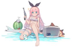 Rule 34 | 1girl, ^^^, arm at side, bare legs, barefoot, bikini, blue eyes, blush, closed mouth, feet, flat chest, food, frown, fruit, gun, hagi (ame hagi), handgun, hose, long hair, looking at viewer, official art, pink hair, sitting, solo, surfboard, swimsuit, transparent background, trigger discipline, v-shaped eyebrows, warship girls r, water, watermelon, weapon, white bikini, z17 diether von roeder (warship girls r)