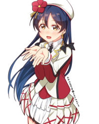 Rule 34 | 1girl, blue hair, blush, commentary request, cowboy shot, earrings, frilled shirt collar, frills, hair between eyes, hat, jewelry, long hair, looking at viewer, love live!, love live! school idol project, open mouth, simple background, skull573, smile, solo, sonoda umi, sore wa bokutachi no kiseki, white background, yellow eyes