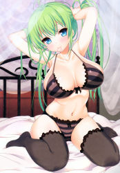 Rule 34 | 1girl, absurdres, adjusting hair, antenna hair, armpits, arms behind head, arms up, bed, bed sheet, black bra, black panties, black thighhighs, blue eyes, blush, bow, bow bra, bow panties, bra, breasts, collarbone, female focus, frilled panties, frills, green hair, highres, huge breasts, indoors, large breasts, lingerie, looking at viewer, mouth hold, nanase meruchi, navel, on bed, panties, scan, shiny skin, sitting, skindentation, smile, solo, striped bra, striped clothes, striped panties, thick thighs, thighhighs, thighs, twintails, tying hair, underwear, underwear only, wariza, wide hips