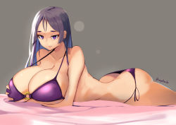 Rule 34 | 1girl, absurdres, ass, bikini, grabbing another&#039;s breast, breasts, butt crack, cleavage, closed mouth, commentary request, downpants, eyes visible through hair, fate/grand order, fate (series), grabbing, hair between eyes, highres, huge breasts, kion-kun, long hair, looking at viewer, lying, minamoto no raikou (fate), o-ring, o-ring top, on stomach, purple bikini, purple eyes, purple hair, side-tie bikini bottom, simple background, smile, solo, swimsuit, the pose, twitter username