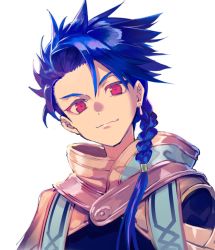 Rule 34 | 0mg shigure, 1boy, asymmetrical bangs, blue hair, braid, braided ponytail, close-up, closed mouth, cu chulainn (fate), earrings, fate/grand order, fate/grand order arcade, fate (series), jewelry, long hair, looking at viewer, male focus, ponytail, red eyes, setanta (fate), simple background, single braid, single earring, smile, solo, spiked hair, white background